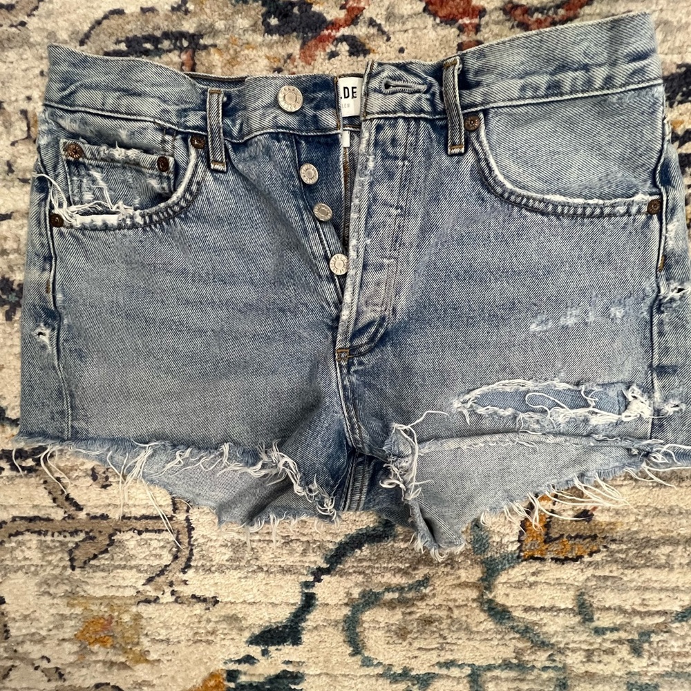Agolde Light Blue Distressed Denim Cutoff Shorts